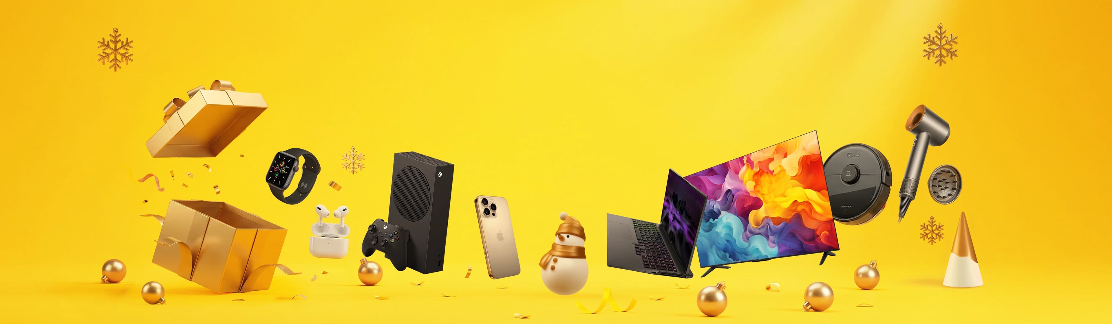 Желтый фон с различными электронными устройствами, включая смартфоны, планшеты и ноутбуки.